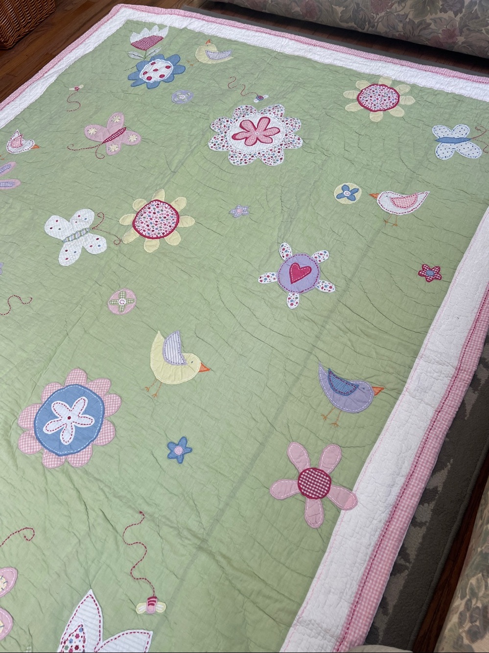 Pottery Barn Kids Daisy Garden Pastel Floral & Butterfly Appliqué Quilt & Sham
